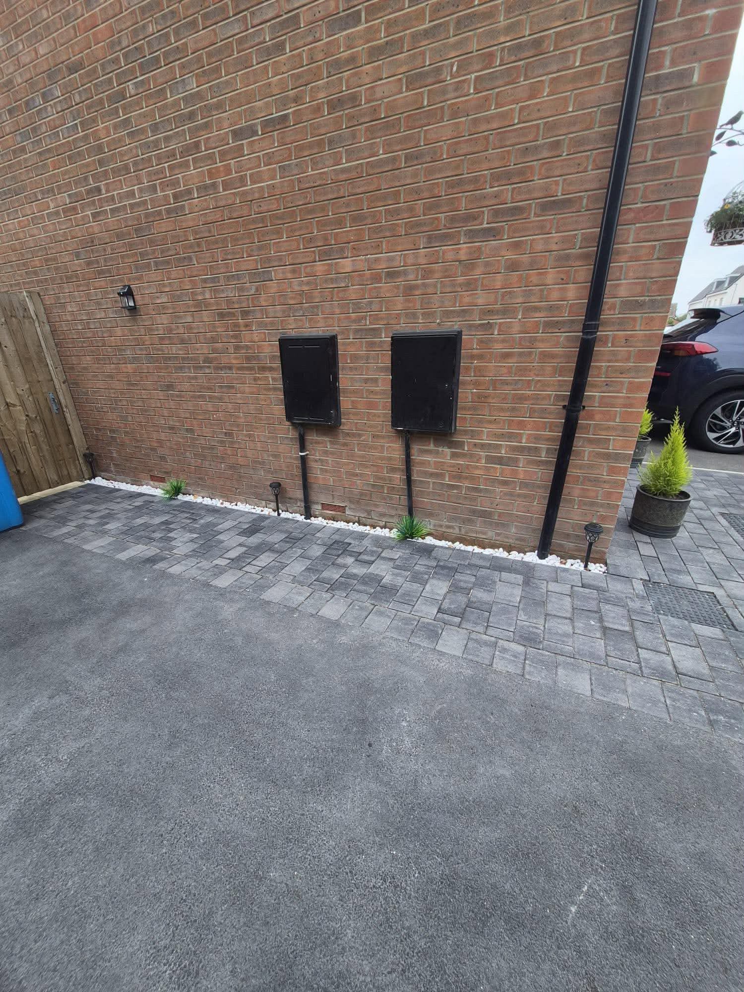Block paving path, tarmac & raised sleeper beds — detail 4